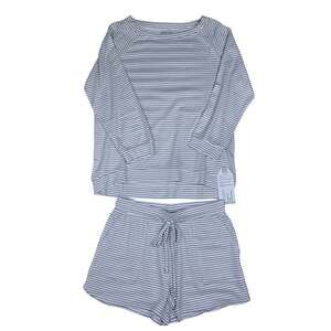 Softies Women's 3/4 Sleeve Boat Neck Top and Short Set Grey Stripe Small